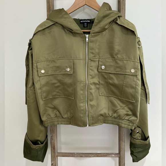 Pretty Little Thing Jackets & Blazers - Pretty Little Thing Army Green Cropped Satin Oversized Bomber Jacket 4 / 10 NWT
